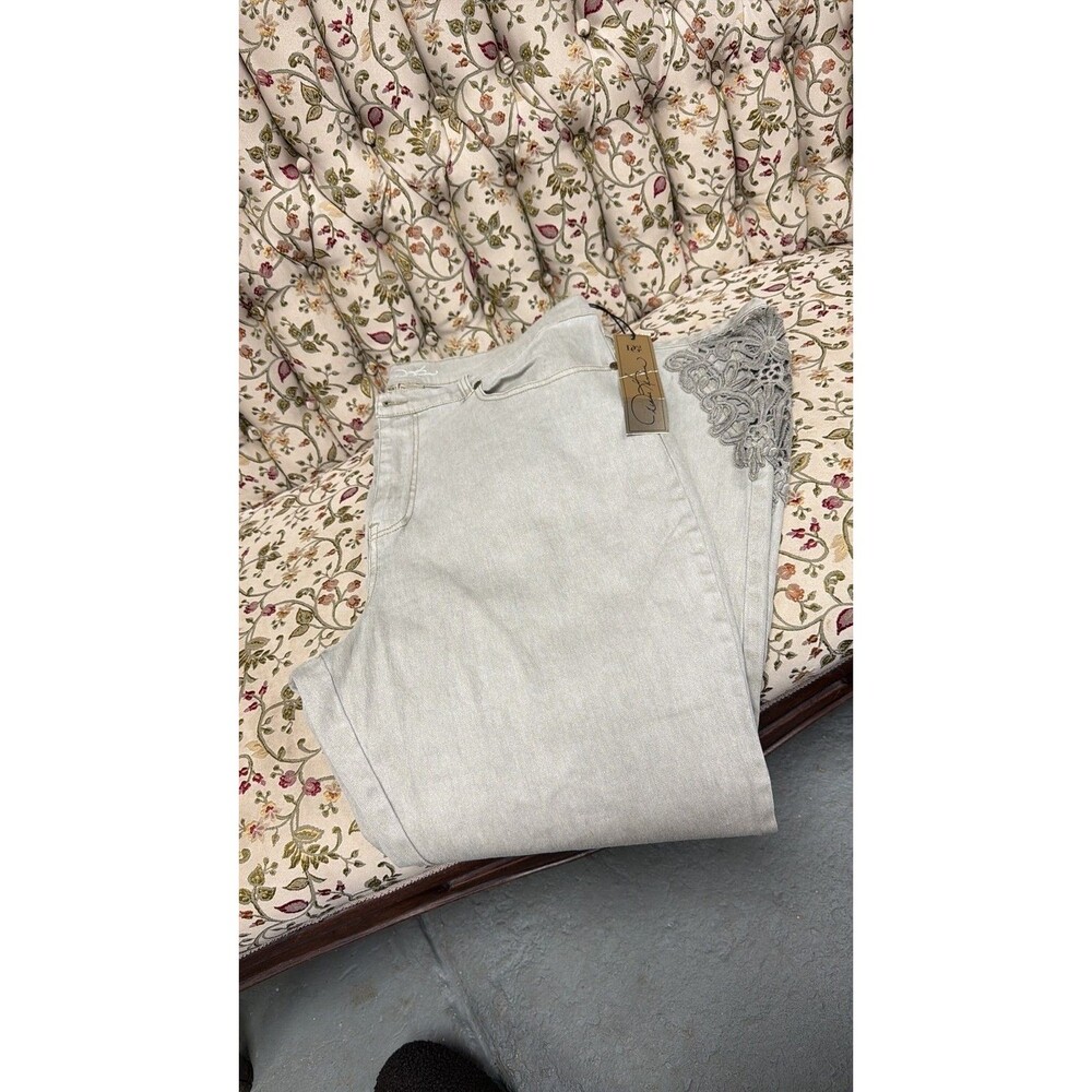 Diane Gilman DG2 Embroidered Lace Inset Skinny Jeans Light Gray